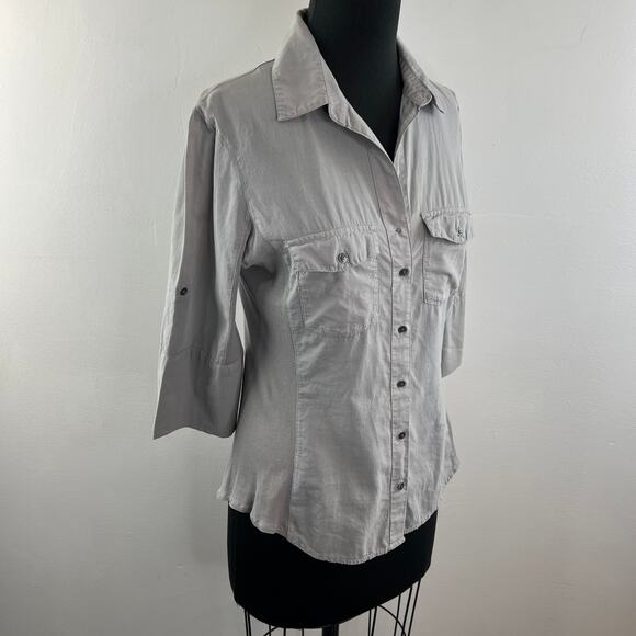 JAMES PERSE Gray Top Cotton 3/4 Sleeve Pockets Collared Classic Button-Up Size 3 - Picture 4 of 8